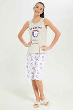Load image into Gallery viewer, طقم بيجامة باللون البيج مطبوع للبنات الكبار (قطعتين)