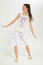 Load image into Gallery viewer, طقم بيجامة باللون البيج مطبوع للبنات الكبار (قطعتين)