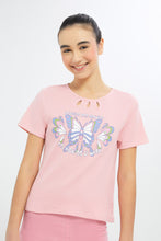Load image into Gallery viewer, تيشيرت بطبعة فراشة باللون الوردي للبنات الكبار