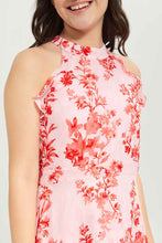 Load image into Gallery viewer, فستان باللون الأحمر والوردي بطبعة زهر للبنات الكبار