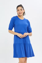 Load image into Gallery viewer, فستان سادة بطبقات باللون الأزرق للنساء