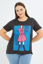 Load image into Gallery viewer, تيشيرت مطبوع باللون الرمادي الداكن للنساء الكيرفي