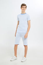 Load image into Gallery viewer, طقم كاجوال مخطط باللون الأزرق للأولاد الكبار (قطعتين)