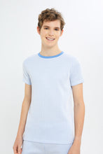 Load image into Gallery viewer, طقم كاجوال مخطط باللون الأزرق للأولاد الكبار (قطعتين)