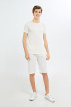 Load image into Gallery viewer, طقم كاجوال مخطط باللون البيج للأولاد الكبار (قطعتين)