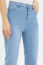 Load image into Gallery viewer, جينز باللون الأزرق بأرجل واسعة وأزرار للنساء