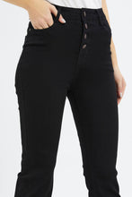 Load image into Gallery viewer, جينز باللون الأسود بأرجل واسعة وأزرار أمامية للنساء
