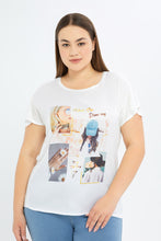 Load image into Gallery viewer, تي شيرت توب بكم مكشكش باللون العاجي للنساء