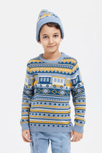 Load image into Gallery viewer, طقم بلوفر بقبعة مطبوع باللون الأزرق للأولاد الصغار (قطعتين)