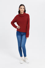 Load image into Gallery viewer, بلوفر بياقة عالية سادة باللونالأحمر الداكن للبنات الكبار