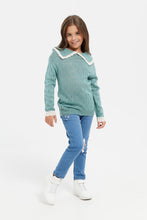 Load image into Gallery viewer, بلوفر بياقة مخضرة: أزرق مخضر