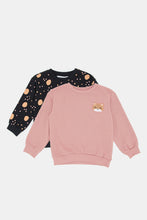 Load image into Gallery viewer, طقم سويت شيرت مطبوع باللونين الأزرق الداكن والوردي للفتيات الصغيرات (عبوة من قطعتين)