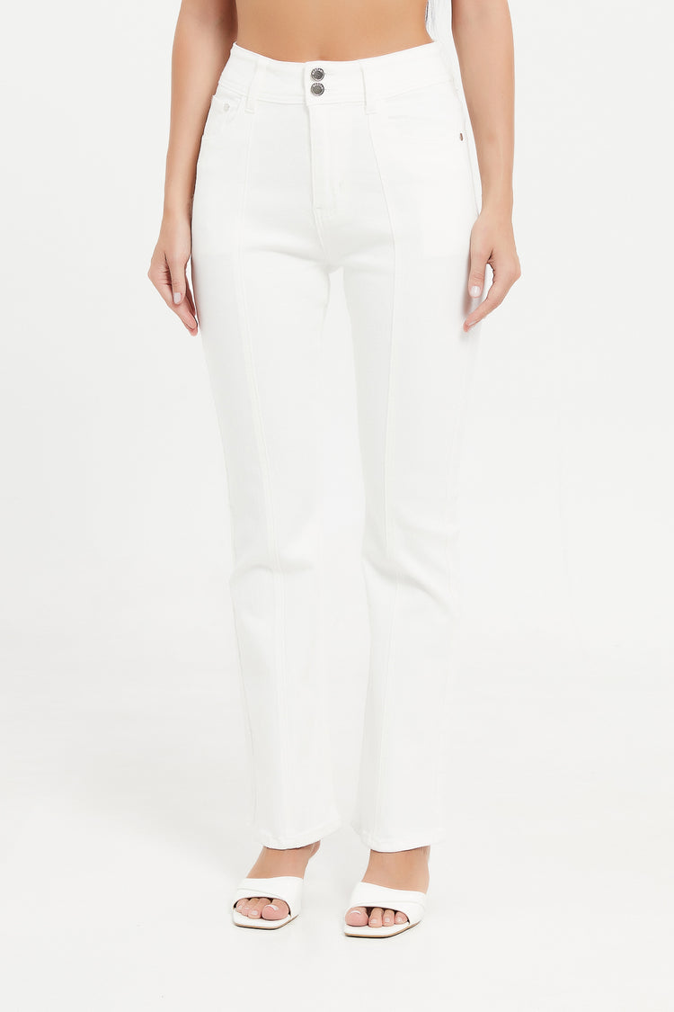 جينز واسع بخصر عالي باللون الأبيض للنساء