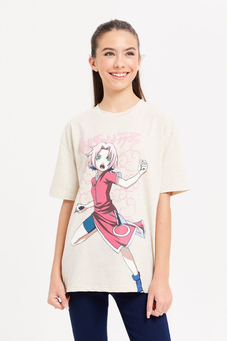 توب بطبعة ناراتو باللون البيج للبنات الكبار