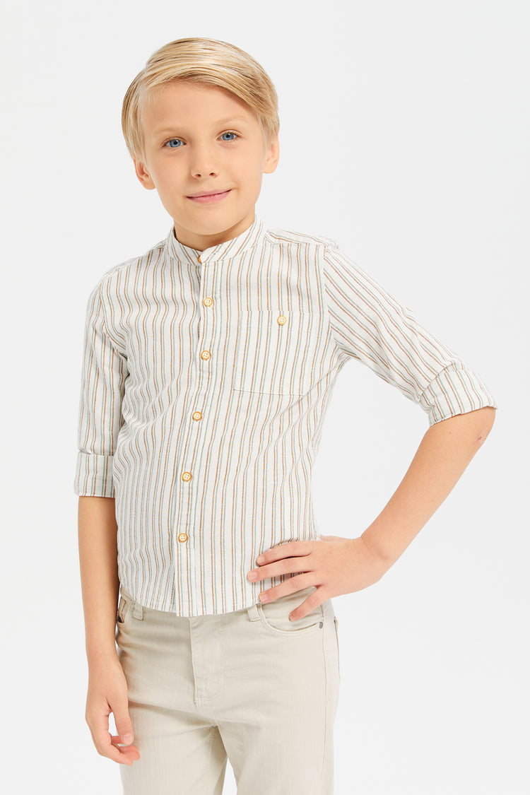 قميص بياقة ماندرين مخطط باللون الأبيض للأولاد الصغار