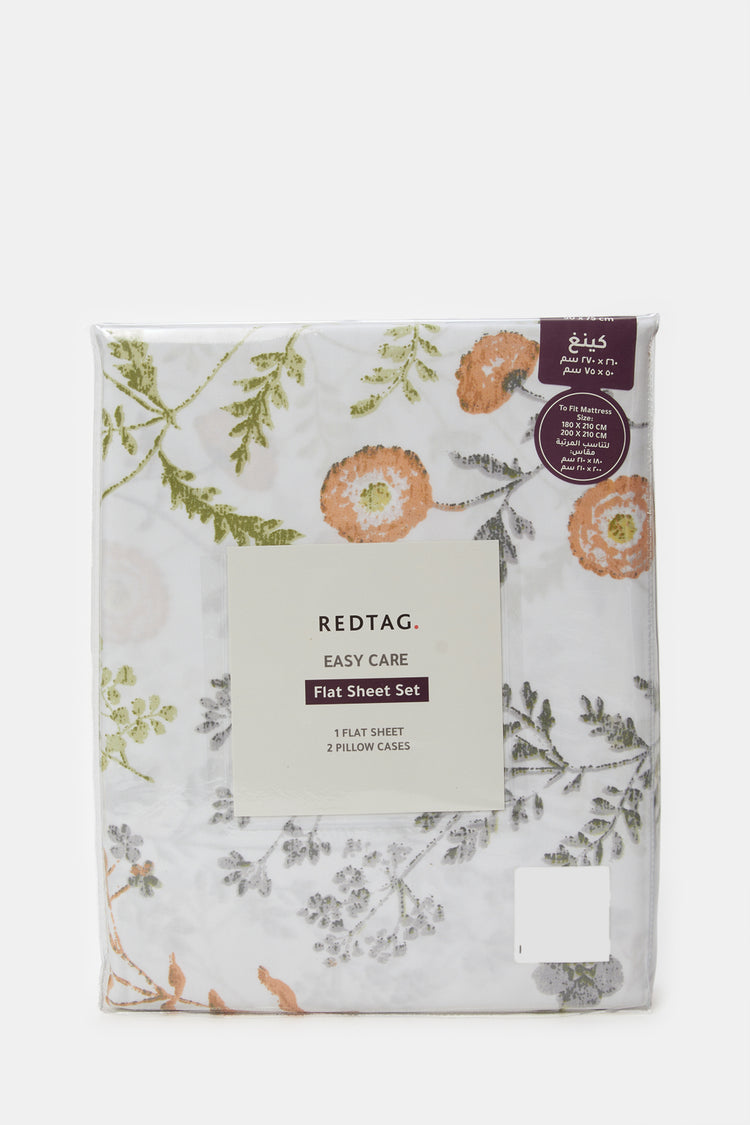 ملاءة سرير مسطحة مطبوعة بنقشة زهور باللون الأبيض (مقاس كبير)