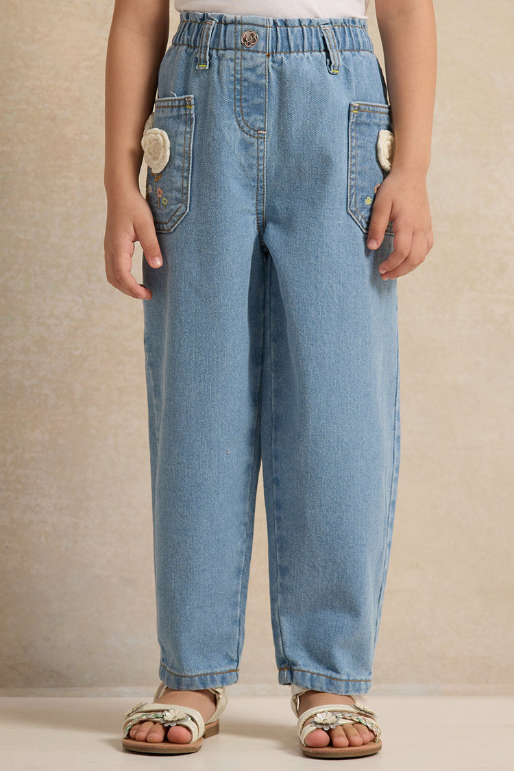 بنطلون جينز أزرق مطرز واسع الساق للبنات