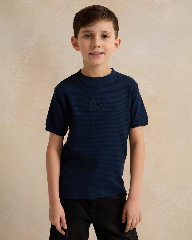 تي شيرت جاكار أزرق داكن بأكمام قصيرة للأولاد