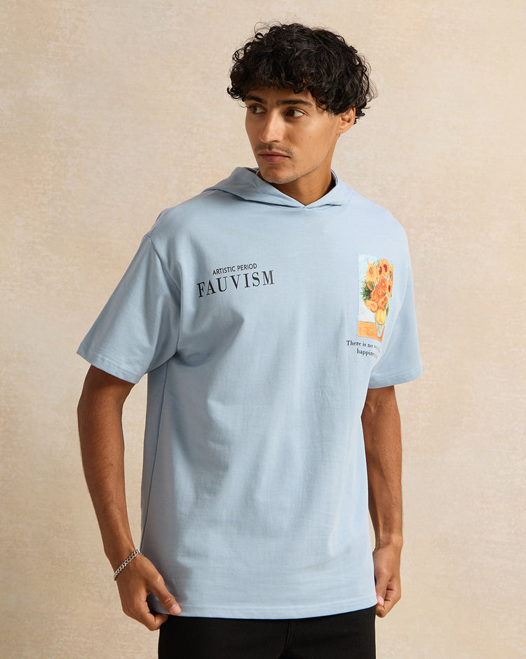 تي شيرت رجالي أزرق بغطاء رأس