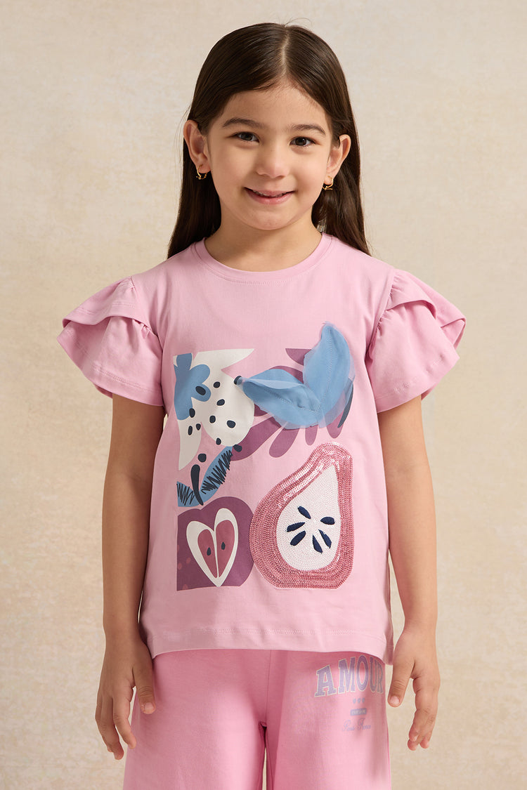 تي شيرت وردي مزخرف للبنات