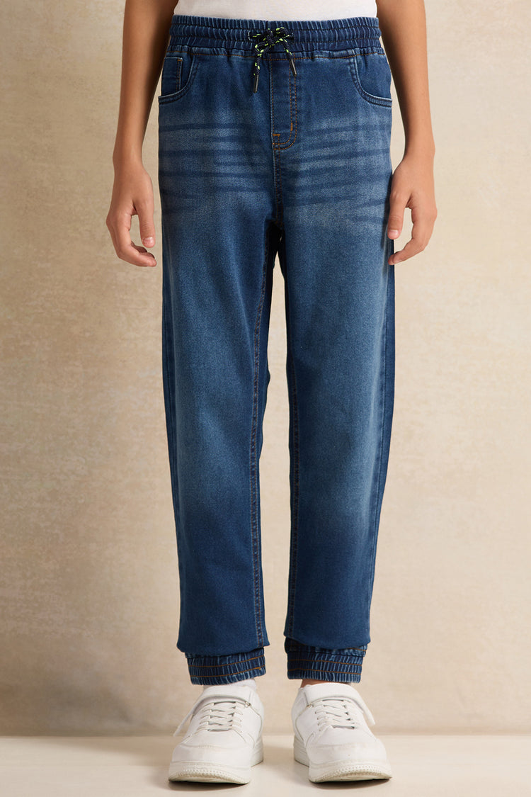 بنطال رياضي جينز أزرق داكن سهل الارتداء للأولاد الكبار