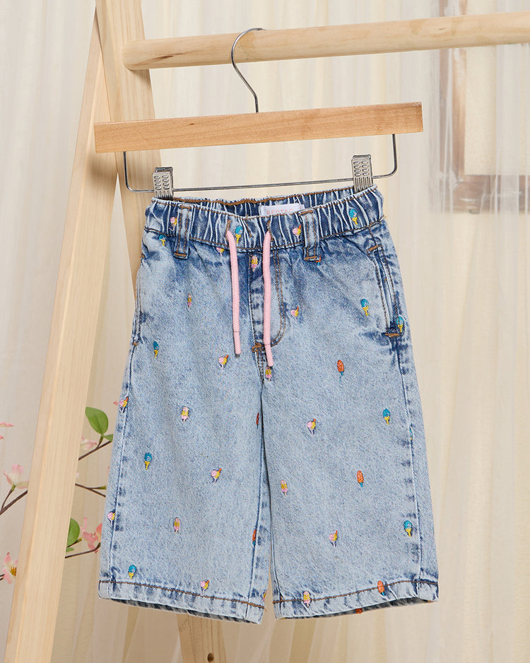 بنطلون أزرق واسع الساق للبنات الرضع مع تطريز