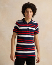 Load image into Gallery viewer, تي شيرت بولو مخطط باللون الأزرق البحري للأولاد الكبار
