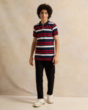 Load image into Gallery viewer, تي شيرت بولو مخطط باللون الأزرق البحري للأولاد الكبار
