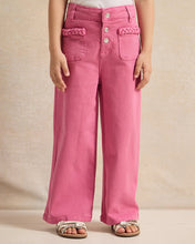 Load image into Gallery viewer, بنطلون جينز واسع الساق مزين باللون الوردي للبنات
