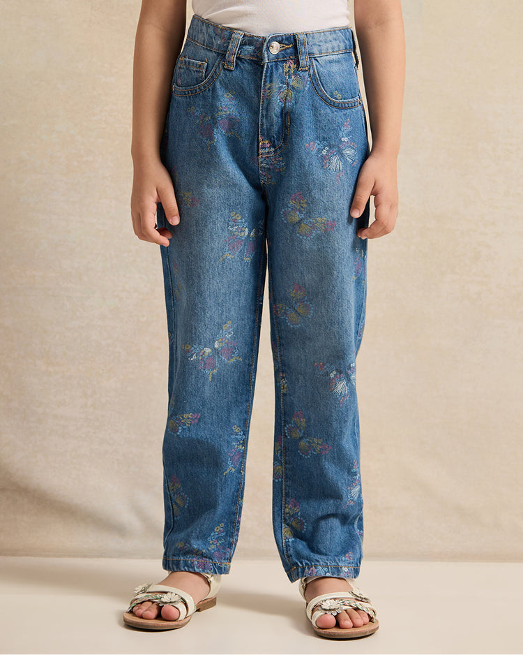 بنطلون جينز أزرق مطبوع للبنات