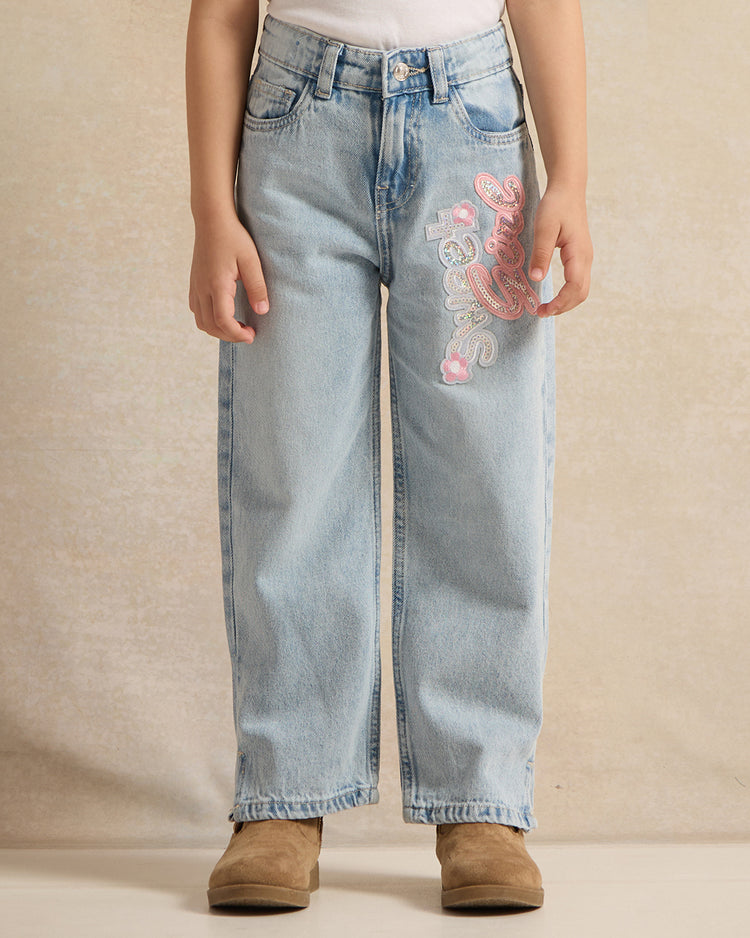 بنطلون جينز أزرق مزين بالترتر للبنات