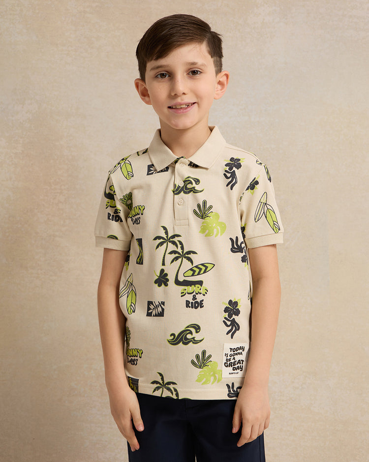 تي شيرت بولو مطبوع للأولاد باللون البيج