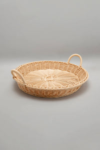 Beige Round Woven Basket With Handle سلة منسوجة دائرية بيج مع مقبض