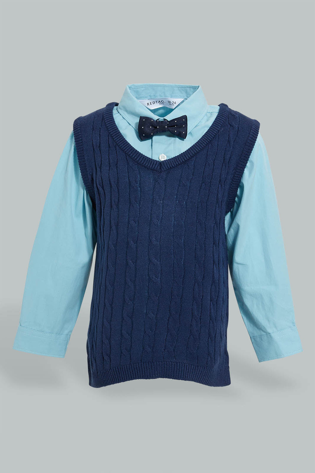 Navy Pullover With Shirt Set (3 piece) طقم قميص أزرق وبلوفر كحلي مع ربطة عنق