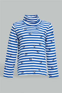 Blue And White Mickey Mouse Striped T-Shirt بلوزة ميكي مخططة بياقة عالية باللون الأزرق والأبيض