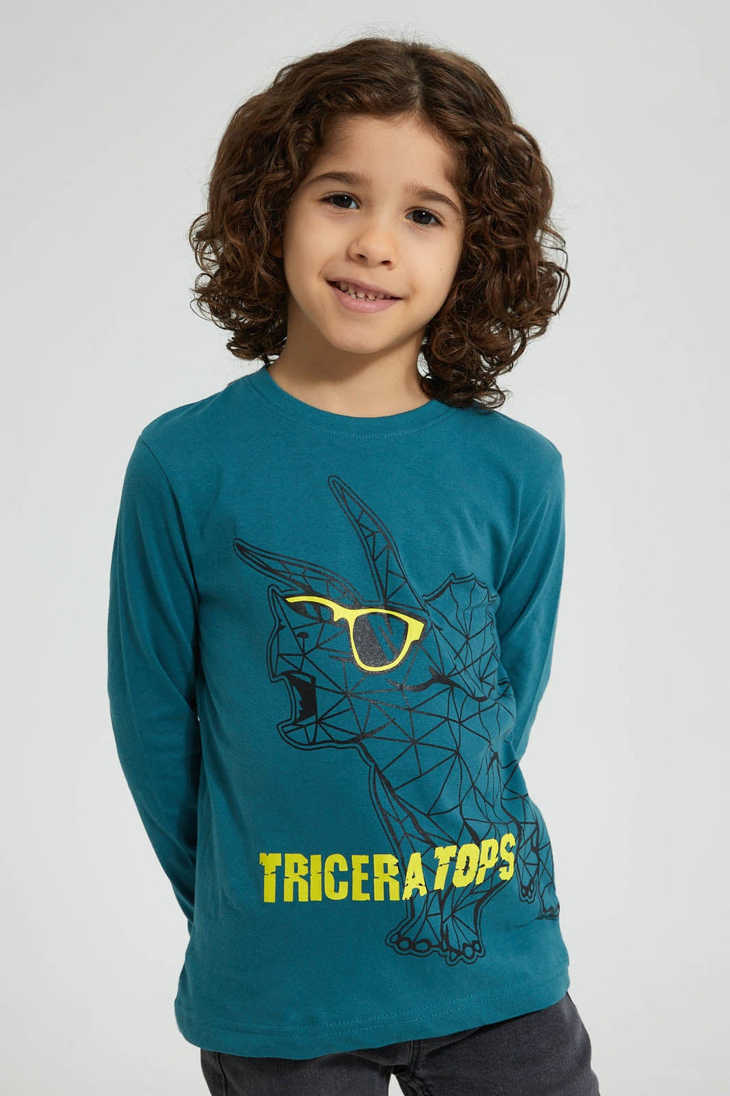 Teal Triceratops Long Sleeved T-shirt تيشيرت باللون الأزرق الداكن بطبعة ديناصور