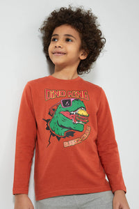 Brown Dino King Printed Long Sleeve T-shirt تيشيرت باللون البني مطبوع بأكمام طويلة