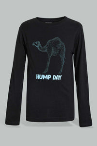 Black Camel Long Sleeve T-Shirt For Boys تيشيرت بطبعة جمل باللون الأسود للأولاد الصغار