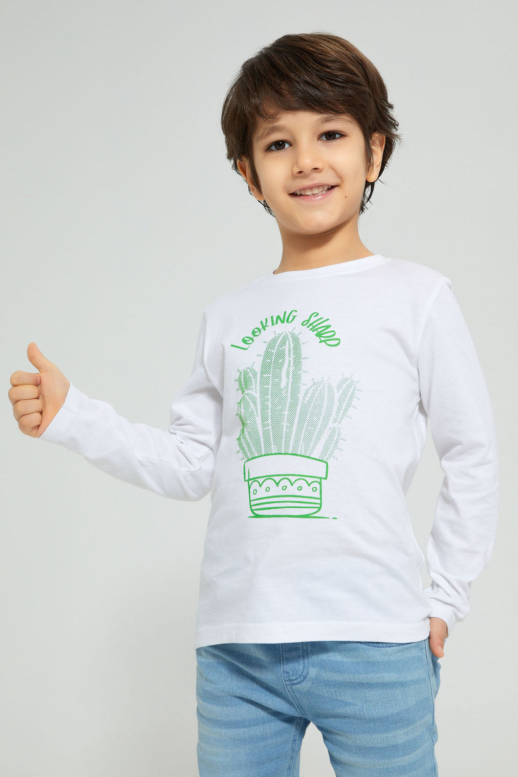 White Cactus Long Sleeve T-Shirt تيشيرت بطبعة صبار باللون الأبيض