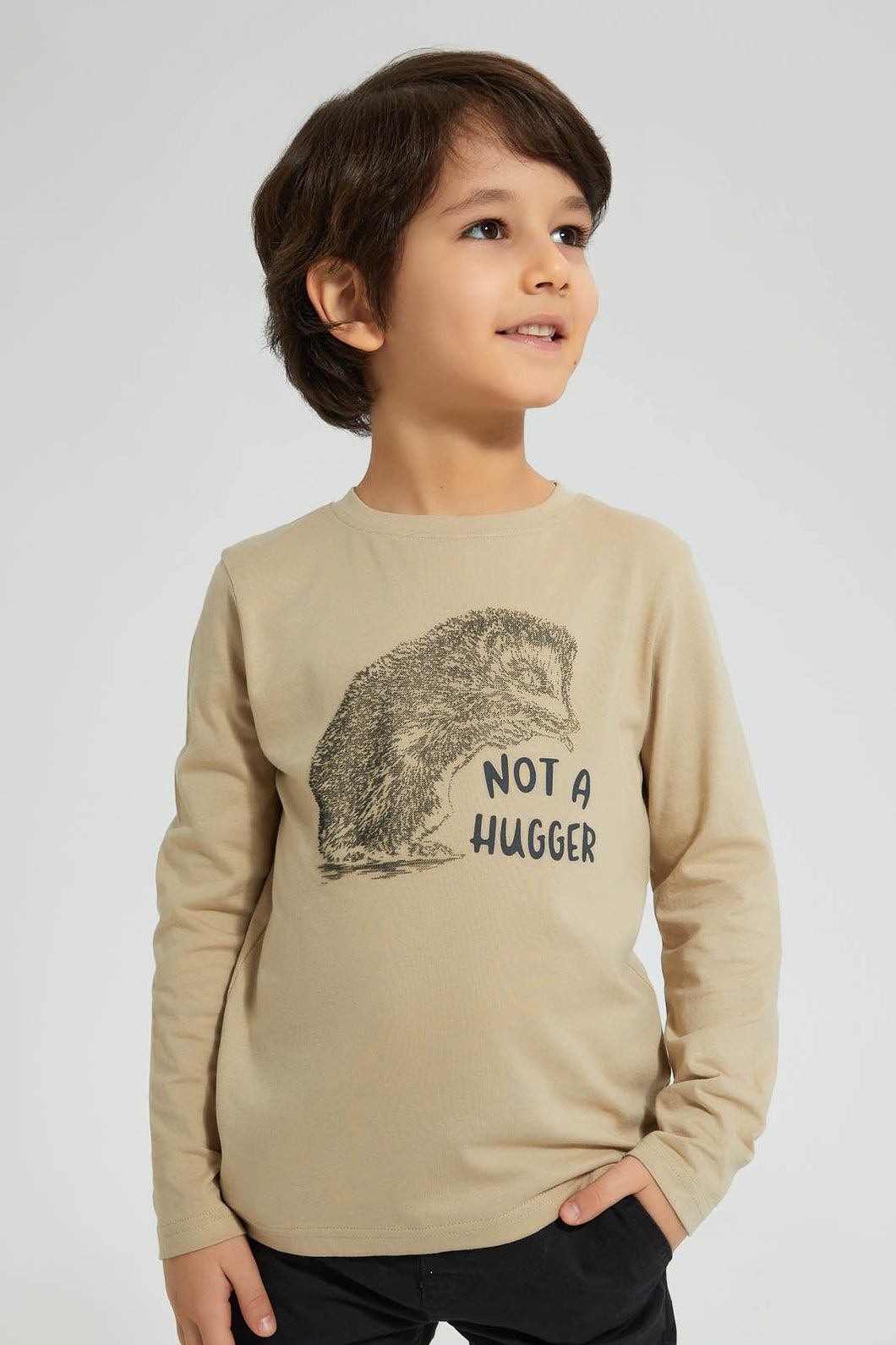 Beige Hedgehog Long Sleeve T-Shirt تيشيرت بطبعة قنفذ باللون البيج