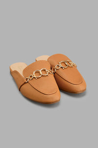 Tan Chain Trim Mule حذاء منسوج باللون الأبيض