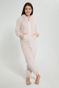 Blush Hooded Microfleece Onesie بيجامة رومبر بسحاب وغطاء رأس وردي