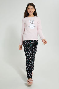 Pink And Black Bunny Microfleece Pyjama Set (2 Piece) طقم بيجامة بنقشة أرنوب باللوني الأسود والوردي