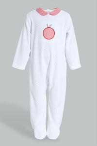 White Apple Embroidered Velour Sleepsuit رومبر قطيفة مخيطة بتفاح باللون الأبيض