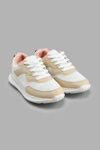 Beige And White Lace-Up Sneaker حذاء سنيكرز باللون البيج والأبيض