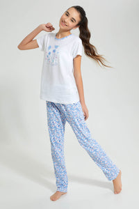 White And Blue Floral Pyjama Set (2 Piece) طقم بيجامة بطبعة أزهار باللون الأبيض والأزرق (قطعتين)