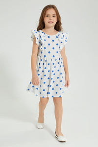 White And Blue Polka Dotted Dress فستان أبيض بتصميم منقط باللون الأزرق