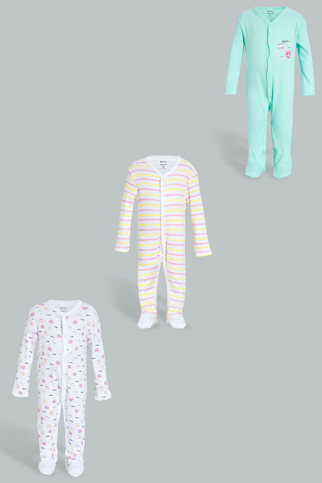 White And Mint Printed Sleepsuit Set (3 Piece) طقم بدل نوم باللوني الأبيض والنعناعي بتصميم مطبوع (من 3 قطع)