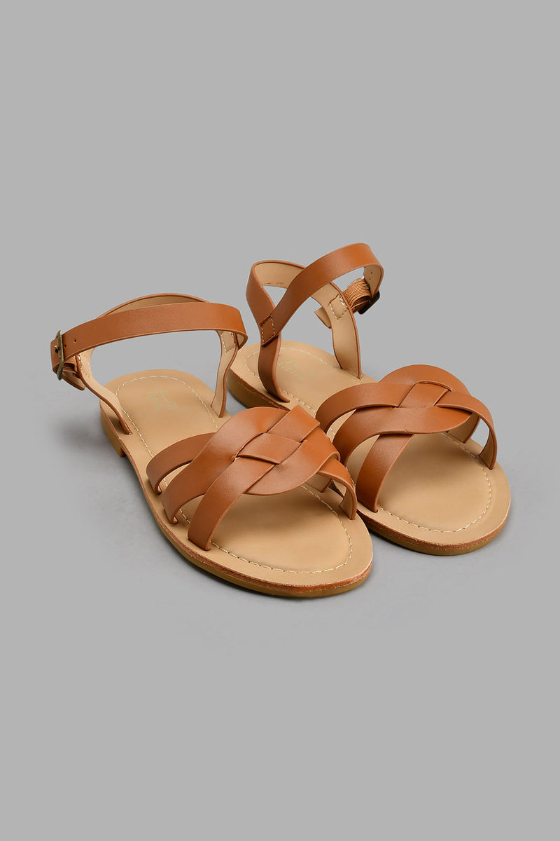Tan Crossover Strappy Sandal صندل بشرائط بلون بني فاتح