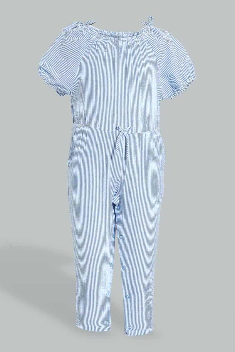 Blue Stripe Jumpsuit For Baby Girls جمبسوت مخطط باللون الأزرق للبنات الرضع